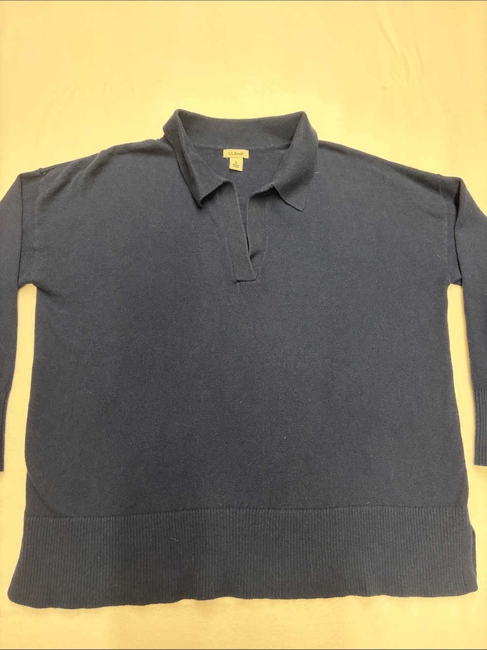L.L. Bean Open Johnny Collar Navy Sz L V-Neck Polo Cotton/Cashmere blend